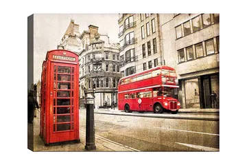 Canvastavla 70x100 cm - Klassisk röd telefonkiosk och en röd dubbeldäckare på en stadsgata - Röd / Grå - Inredning - Tavlor & posters - Canvastavla