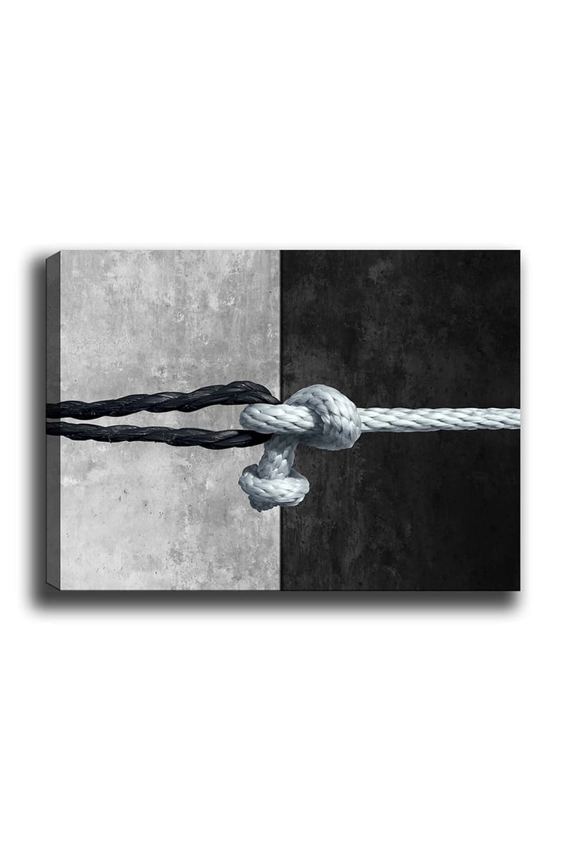 Canvastavla 70x100 cm - Knut av rep som förenar två kontrasterande ytor i svart och grått - Svart / Grå / Ljusblå - Inredning - Tavlor & posters - Canvastavla
