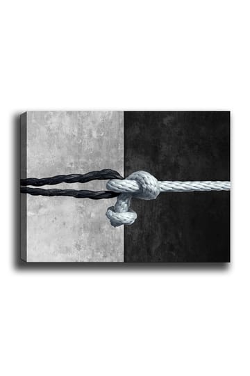 Canvastavla 70x100 cm - Knut av rep som förenar två kontrasterande ytor i svart och grått - Svart / Grå / Ljusblå - Inredning - Tavlor & posters - Canvastavla