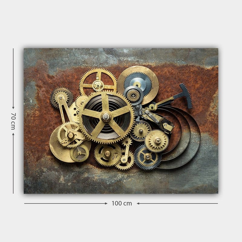 Canvastavla 70x100 cm - Komplex sammansättning av kugghjul och mekaniska delar i en industriell stil - Guld / Brunt / Svart - Inredning - Tavlor & posters - Canvastavla