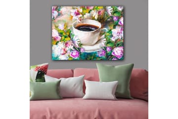 Canvastavla 70x100 cm - Kopp kaffe omgiven av färgglada blommor - Vit / Grön / Rosa - Inredning - Tavlor & posters - Canvastavla