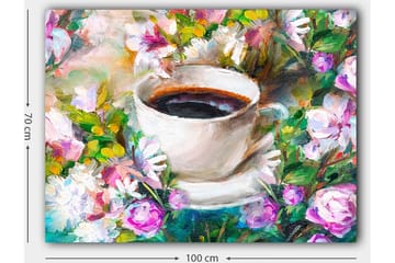 Canvastavla 70x100 cm - Kopp kaffe omgiven av färgglada blommor - Vit / Grön / Rosa - Inredning - Tavlor & posters - Canvastavla