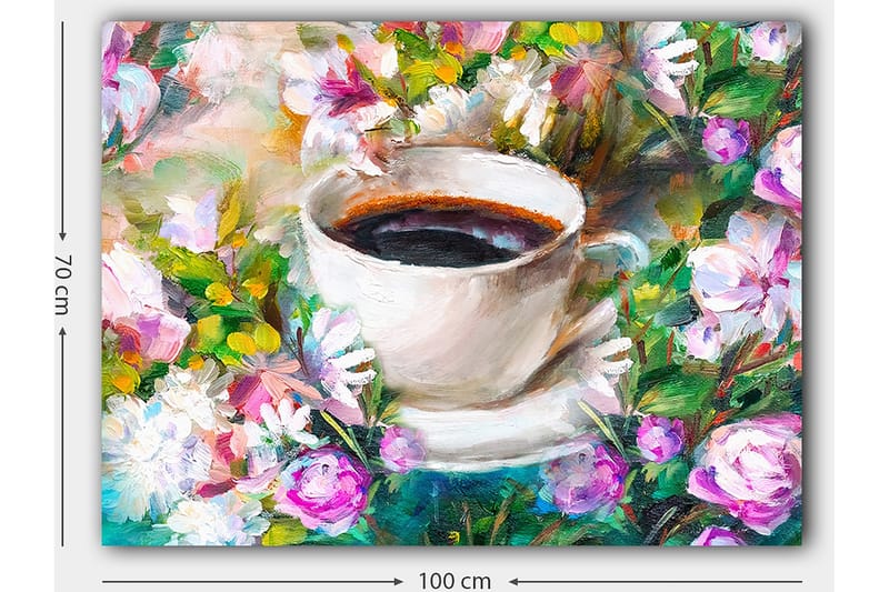 Canvastavla 70x100 cm - Kopp kaffe omgiven av färgglada blommor - Vit / Grön / Rosa - Inredning - Tavlor & posters - Canvastavla