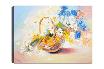 Canvastavla 70x100 cm - Korg fylld med färgglada blommor - Blå / Vit / Gul - Inredning - Tavlor & posters - Canvastavla