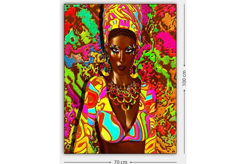 Canvastavla 70x100 cm - Kraftfull kvinna i färgglad klädsel med ett uttrycksfullt ansikte och smycken - Grön / Rosa / Orange - Inredning - Tavlor & posters - Canvastavla