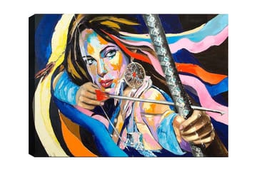 Canvastavla 70x100 cm - Kraftfull kvinna som spänner en pilbåge, omgiven av färgglada band - Blå / Röd / Gul - Inredning - Tavlor & posters - Canvastavla