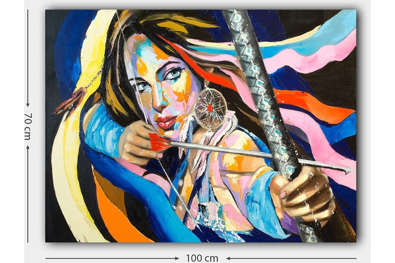 Canvastavla 70x100 cm - Kraftfull kvinna som spänner en pilbåge, omgiven av färgglada band - Blå / Röd / Gul - Inredning - Tavlor & posters - Canvastavla