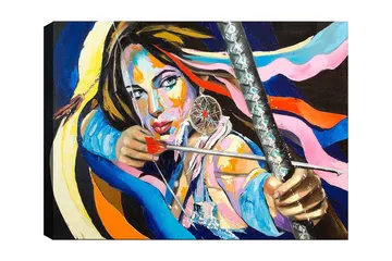 Canvastavla 70x100 cm - Kraftfull kvinna som spänner en pilbåge, omgiven av färgglada band - Blå / Röd / Gul - Inredning - Tavlor & posters - Canvastavla