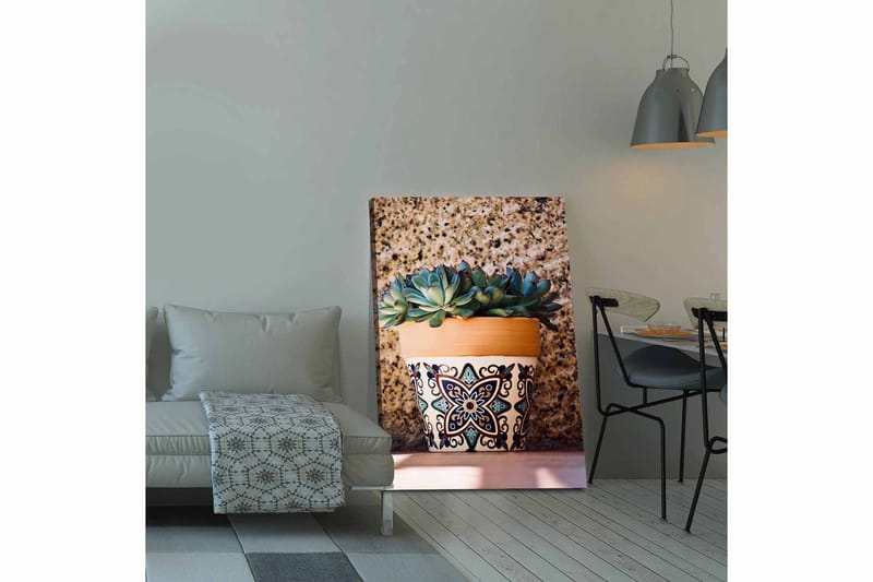 Canvastavla 70x100 cm - Kruka med succulenter i en dekorativ design, Grön / Terrakotta / Svart
