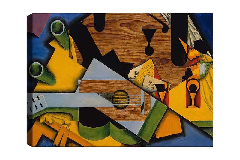 Canvastavla 70x100 cm - Kubistisk komposition med en gitarr och olika geometriska former, Grön / Gul / Blå
