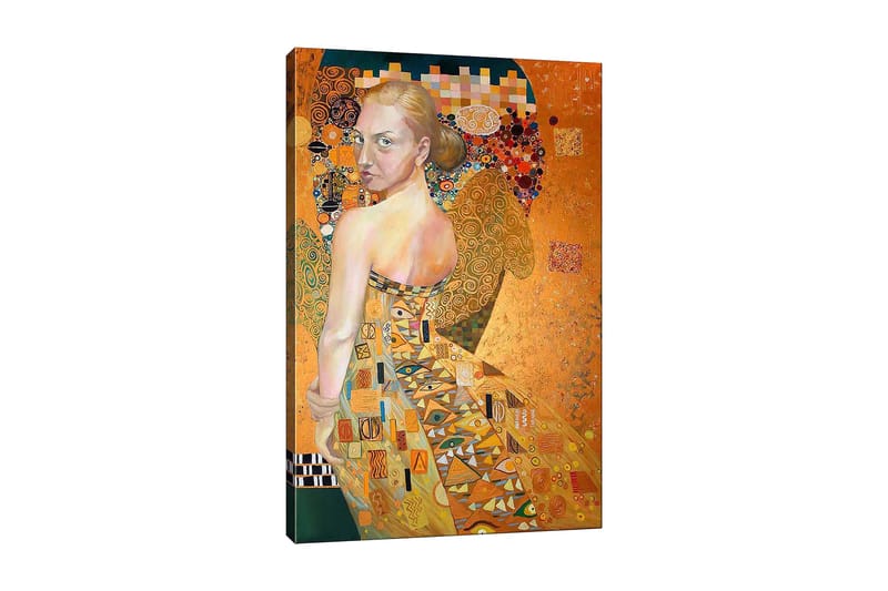 Canvastavla 70x100 cm - Kvinna i en elegant klänning med intrikata mönster, som vänder sig om med en uttrycksfull blick, Guld / Orange / Beige