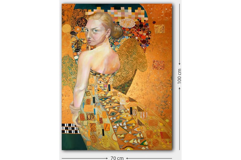 Canvastavla 70x100 cm - Kvinna i en elegant klänning med intrikata mönster, som vänder sig om med en uttrycksfull blick - Guld / Orange / Beige - Inredning - Tavlor & posters - Canvastavla