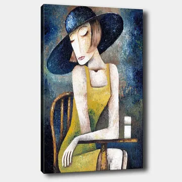 Canvastavla 70x100 cm - Kvinna i en gul klänning sitter vid ett bord med en vit kopp, iförd en stor svart hatt - Gul / Svart / Blågrön - Inredning - Tavlor & posters - Canvastavla