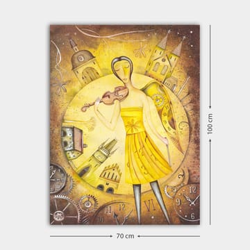 Canvastavla 70x100 cm - Kvinna i en gul klänning som spelar fiol, omgiven av klockor och byggnader - Gul / Brun - Inredning - Tavlor & posters - Canvastavla