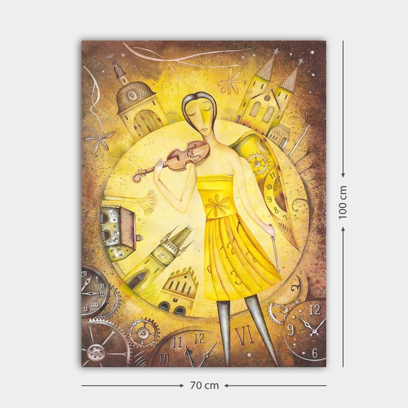 Canvastavla 70x100 cm - Kvinna i en gul klänning som spelar fiol, omgiven av klockor och byggnader - Gul / Brun - Inredning - Tavlor & posters - Canvastavla