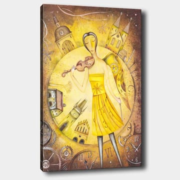 Canvastavla 70x100 cm - Kvinna i en gul klänning som spelar fiol, omgiven av klockor och byggnader - Gul / Brun - Inredning - Tavlor & posters - Canvastavla