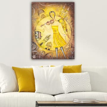 Canvastavla 70x100 cm - Kvinna i en gul klänning som spelar fiol, omgiven av klockor och byggnader - Gul / Brun - Inredning - Tavlor & posters - Canvastavla