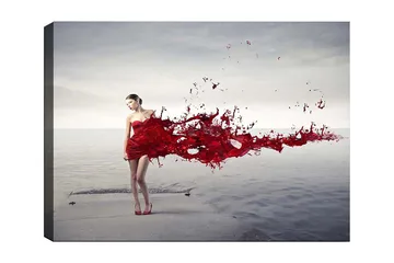 Canvastavla 70x100 cm - Kvinna i röd klänning som ser ut att släppa ifrån sig en färgsprutande rörelse - Röd / Beige - Inredning - Tavlor & posters - Canvastavla