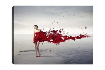Canvastavla 70x100 cm - Kvinna i röd klänning som ser ut att släppa ifrån sig en färgsprutande rörelse - Röd / Beige - Inredning - Tavlor & posters - Canvastavla