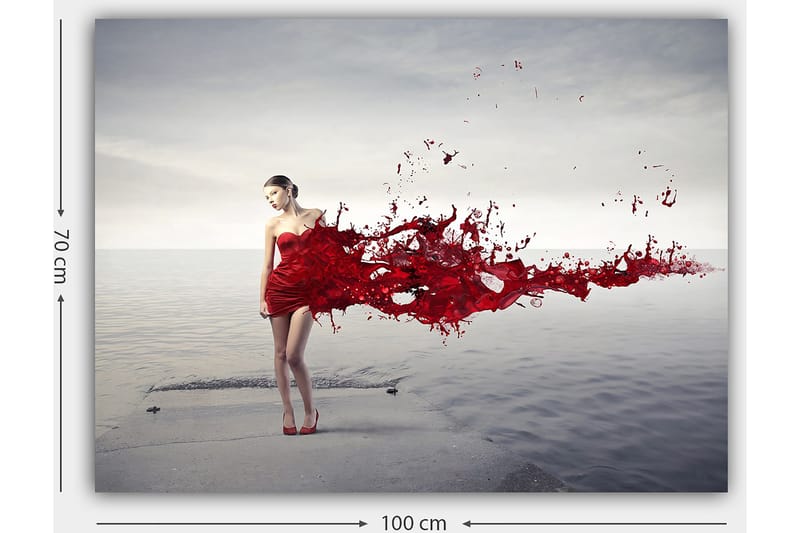 Canvastavla 70x100 cm - Kvinna i röd klänning som ser ut att släppa ifrån sig en färgsprutande rörelse - Röd / Beige - Inredning - Tavlor & posters - Canvastavla