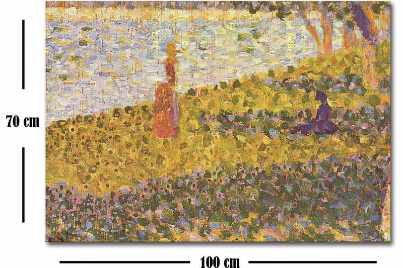 Canvastavla 70x100 cm - Kvinna i röd klänning som står på en blomstrande äng vid en sjö - Gult / Lila / Grönt - Inredning - Tavlor & posters - Canvastavla