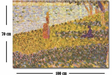 Canvastavla 70x100 cm - Kvinna i röd klänning som står på en blomstrande äng vid en sjö - Gult / Lila / Grönt - Inredning - Tavlor & posters - Canvastavla