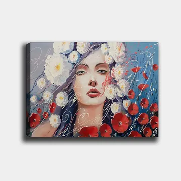 Canvastavla 70x100 cm - Kvinna med blommor i håret, omgiven av röda blommor och en blå bakgrund - Vit / Röd / Blå - Inredning - Tavlor & posters - Canvastavla
