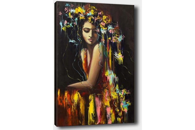 Canvastavla 70x100 cm - Kvinna med blommor i håret, som utstrålar en känsla av mystik och skönhet - Mörkröd / Gul / Grön - Inredning - Tavlor & posters - Canvastavla