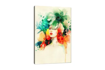 Canvastavla 70x100 cm - Kvinna med blommor och växtlighet som omger hennes huvud - Grön / Orange / Röd - Inredning - Tavlor & posters - Canvastavla