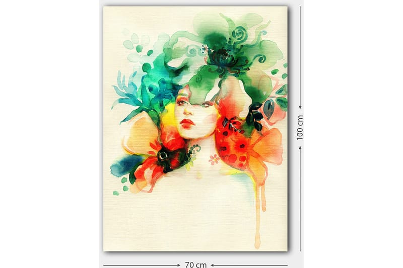 Canvastavla 70x100 cm - Kvinna med blommor och växtlighet som omger hennes huvud - Grön / Orange / Röd - Inredning - Tavlor & posters - Canvastavla