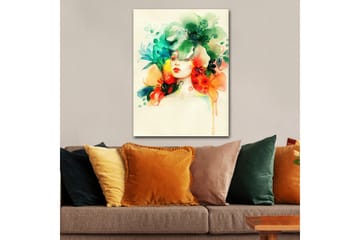 Canvastavla 70x100 cm - Kvinna med blommor och växtlighet som omger hennes huvud - Grön / Orange / Röd - Inredning - Tavlor & posters - Canvastavla