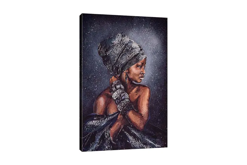 Canvastavla 70x100 cm - Kvinna med elegant huvudbonad och smycken, avbildad i profil, Mörkbrun / Svart / Grå