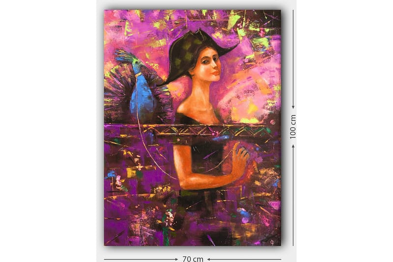 Canvastavla 70x100 cm - Kvinna med en stor hatt och vingar, som uttrycker en känsla av mystik och styrka - Lila / Blå / Orange - Inredning - Tavlor & posters - Canvastavla