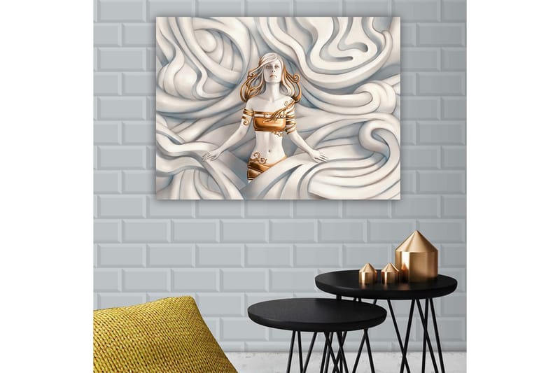 Canvastavla 70x100 cm - Kvinna med ett drömlikt uttryck omgiven av svängande, mjuka former - Vit / Guld / Beige - Inredning - Tavlor & posters - Canvastavla