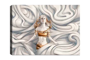 Canvastavla 70x100 cm - Kvinna med ett drömlikt uttryck omgiven av svängande, mjuka former - Vit / Guld / Beige - Inredning - Tavlor & posters - Canvastavla