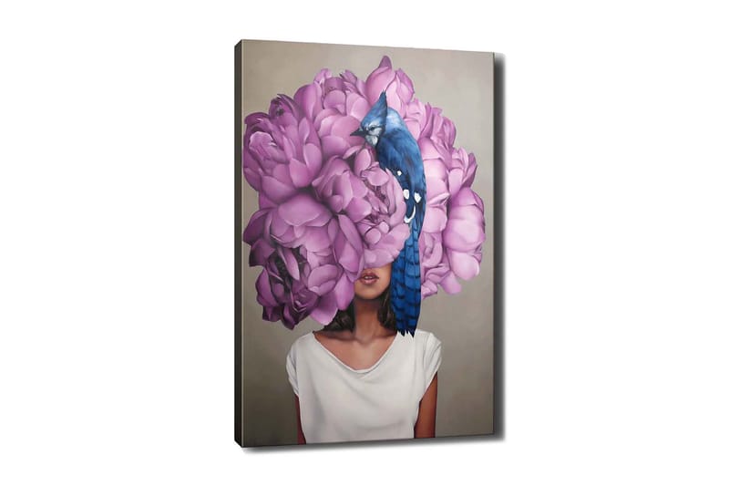 Canvastavla 70x100 cm - Kvinna med ett huvud av stora, lila blommor och en blå fågel som sitter på blommorna - Lila / Blå - Inredning - Tavlor & posters - Canvastavla