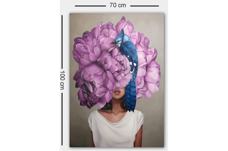 Canvastavla 70x100 cm - Kvinna med ett huvud av stora, lila blommor och en blå fågel som sitter på blommorna - Lila / Blå - Inredning - Tavlor & posters - Canvastavla