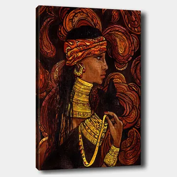 Canvastavla 70x100 cm - Kvinna med ett svart djur, omgiven av svängande mönster i varma färger - Röd / Orange / Svart - Inredning - Tavlor & posters - Canvastavla