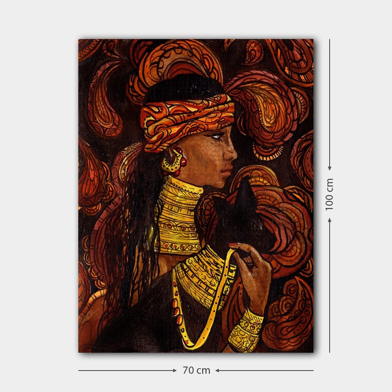 Canvastavla 70x100 cm - Kvinna med ett svart djur, omgiven av svängande mönster i varma färger - Röd / Orange / Svart - Inredning - Tavlor & posters - Canvastavla