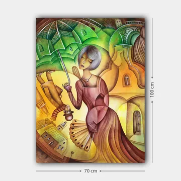Canvastavla 70x100 cm - Kvinna med ett paraply i en färgglad och stiliserad landskapsmiljö - Grön / Gul / Brun - Inredning - Tavlor & posters - Canvastavla
