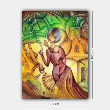 Canvastavla 70x100 cm - Kvinna med ett paraply i en färgglad och stiliserad landskapsmiljö - Grön / Gul / Brun - Inredning - Tavlor & posters - Canvastavla