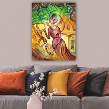 Canvastavla 70x100 cm - Kvinna med ett paraply i en färgglad och stiliserad landskapsmiljö - Grön / Gul / Brun - Inredning - Tavlor & posters - Canvastavla