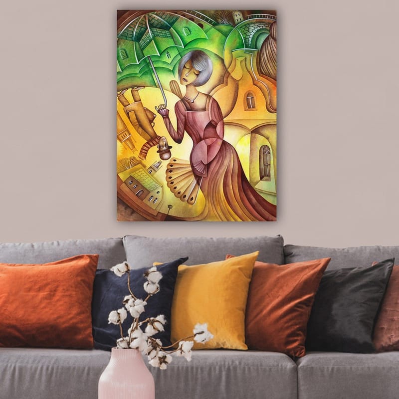 Canvastavla 70x100 cm - Kvinna med ett paraply i en färgglad och stiliserad landskapsmiljö - Grön / Gul / Brun - Inredning - Tavlor & posters - Canvastavla