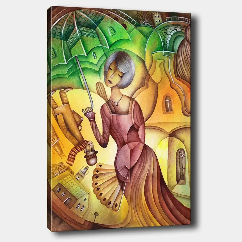 Canvastavla 70x100 cm - Kvinna med ett paraply i en färgglad och stiliserad landskapsmiljö, Grön / Gul / Brun