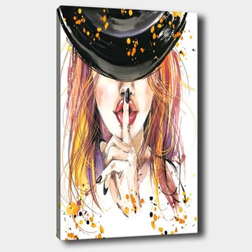 Canvastavla 70x100 cm - Kvinna med rödaktigt hår som håller ett finger mot läpparna i en tystnadsgest - Röd / Svart / Orange - Inredning - Tavlor & posters - Canvastavla