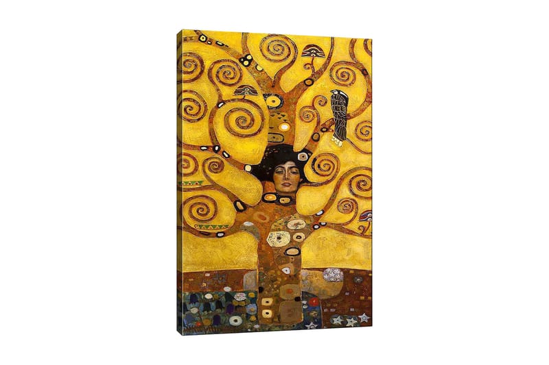 Canvastavla 70x100 cm - Kvinna med stängd ögon omgiven av snurrande, gyllene grenar och symboliska element, Guld / Brun / Svart