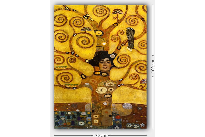 Canvastavla 70x100 cm - Kvinna med stängd ögon omgiven av snurrande, gyllene grenar och symboliska element - Guld / Brun / Svart - Inredning - Tavlor & posters - Canvastavla