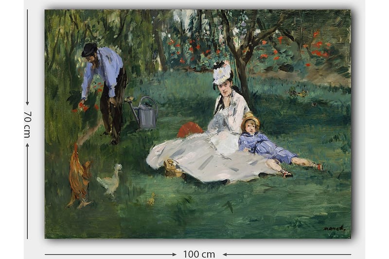 Canvastavla 70x100 cm - Kvinna och ett barn sitter på gräset medan en man vattnar blommor i en trädgård - Grön / Blå / Vit - Inredning - Tavlor & posters - Canvastavla