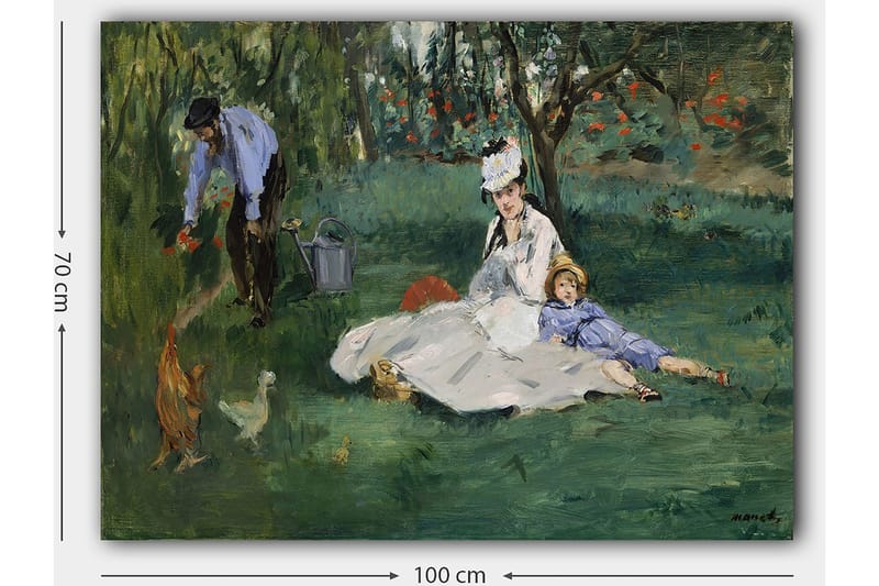 Canvastavla 70x100 cm - Kvinna och ett barn sitter på gräset medan en man vattnar blommor i en trädgård - Grön / Blå / Vit - Inredning - Tavlor & posters - Canvastavla