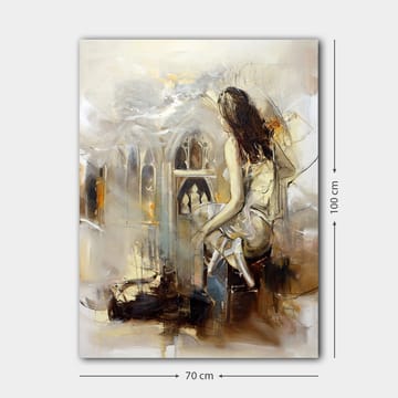 Canvastavla 70x100 cm - Kvinna sitter på en bänk och blickar ut mot en gotisk arkitektur - Beige / Brunt / Guld - Inredning - Tavlor & posters - Canvastavla